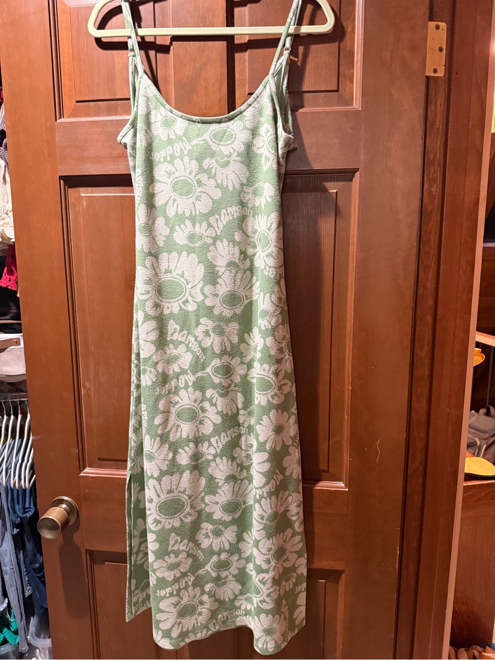 Green Floral Slip Dress with White Daisy Print